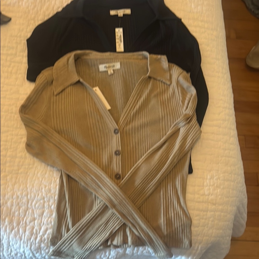 Madewell Tan Ribbed Button Down Shirt with Notched Collar and Black 2 tops S XS
